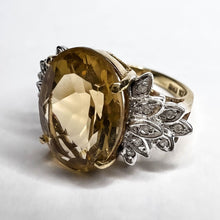 Load image into Gallery viewer, Large 10K Yellow Gold Citrine Ring Size 5 Citrine & Diamond Floral Ring 5 CTTW