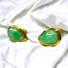 Load image into Gallery viewer, 14k Gold Jade Stud Earrings Teardrop Pear Cabochon Apple Green Jadeite Jade 1.7g