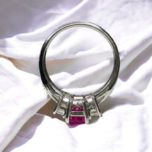Load image into Gallery viewer, 10k White Gold Pink Sapphire Diamond Ring Sz 7 Emerald Cut Three Stone 1.9g