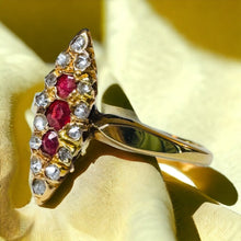 Load image into Gallery viewer, Antique 10k Gold Ruby Diamond Navette Ring Size 7 Rose Cut Gems Victorian 2.4g