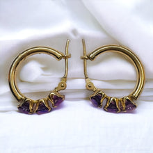 Load image into Gallery viewer, 10k Yellow Gold Natural Amethyst Hoop Earrings 17mm Prong Set Hoops 1g February