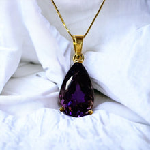 Load image into Gallery viewer, 14k Gold Amethyst Necklace 18" Large 9 CT Pear Cut Purple Amethyst Pendant 5.7g