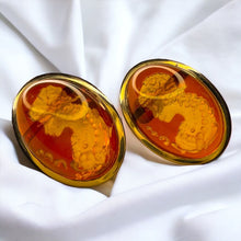 Load image into Gallery viewer, Antique 14k Gold Amber Cameo Earrings 30 CTTW Vintage Carved Oval Cabochons 7.7g
