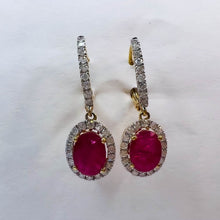 Load image into Gallery viewer, 14k Yellow Gold 2 CTTW Natural Ruby & Halo Diamond Lever Back Dangle Earrings