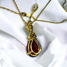 Load image into Gallery viewer, 14k Gold Ruby Necklace 18" LARGE 12mm Pear Cut Red Ruby 3.5CT Enhancer 3.6g