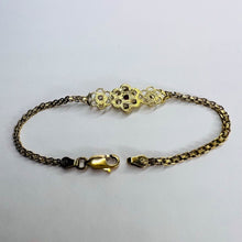 Load image into Gallery viewer, 14k Yellow Gold Ruby Tennis Bracelet 6"L Flower Bracelet Bismark Link Chain 3.1g White Topaz Stones Anniversary Gift for Wife July Birthday