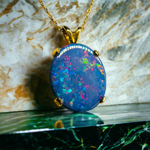 Load image into Gallery viewer, REAL 14k Yellow Gold Australian Black Opal Doublet Necklace 20" 2.4g Rainbow