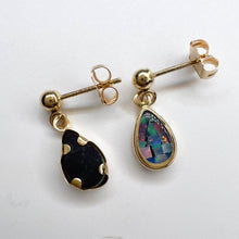 Load image into Gallery viewer, 14k Yellow Gold Australian Black Opal Earrings 15mm Mosaic Opal Dangle Earrings