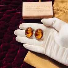 Load image into Gallery viewer, Antique 14k Gold Amber Cameo Earrings 30 CTTW Vintage Carved Oval Cabochons 7.7g