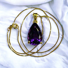 Load image into Gallery viewer, 14k Gold Amethyst Necklace 18" Large 9 CT Pear Cut Purple Amethyst Pendant 5.7g