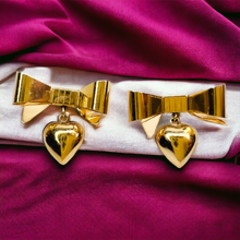 Load image into Gallery viewer, Vintage 14k Yellow Gold Bow and Heart Drop Earrings Solid 585 Gold 19mm 3.1g Christmas Ribbon Anniversary Gift for Wife