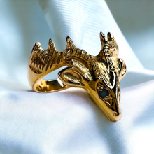 Load image into Gallery viewer, Antique 14k Yellow Gold Stag Sapphire Eyes Ring Sz 5.25 Deer Antlers Vintage 2g