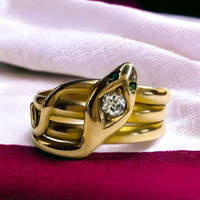 Load image into Gallery viewer, Antique 14k Yellow Gold Snake Diamond & Emerald Ring Sz 8.25 Art Nouveau 3.33g
