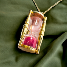 Load image into Gallery viewer, 14k Yellow Gold Ruby Hourglass Necklace 18" Crushed Ruby Sands of Time 3.85g