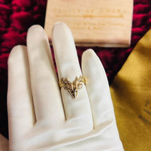 Load image into Gallery viewer, Antique 14k Yellow Gold Stag Sapphire Eyes Ring Sz 5.25 Deer Antlers Vintage 2g