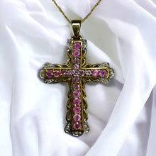 Load image into Gallery viewer, 10k Yellow Gold Pink Sapphire & Diamond Cross Necklace 19" LARGE 1.26CTTW Natural Pink Sapphire Necklace 4.8g