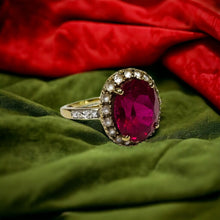 Load image into Gallery viewer, 10k Gold 4.25cttw Ruby Halo Ring Size 5.25 Oval Cut Ruby Diamond Ring For Wife