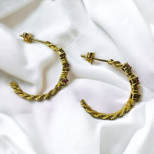 Load image into Gallery viewer, 14k Gold Diamond & Natural Ruby Earrings 3/4 CTTW Rope J Hook Half Hoops 2.5g