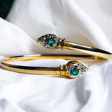 Load image into Gallery viewer, 10k Yellow Gold Natural Emerald & Diamond Bracelet 7" Bypass Flex Bangle 3.6g