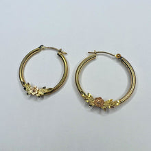 Load image into Gallery viewer, 10k Yellow Gold Hoop Earrings 24mm Hoops Rose Gold Flower Earrings 1.5g