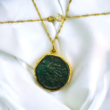 Load image into Gallery viewer, 22k Gold Ancient Roman Coin Necklace 24" Alexandria Egypt Maximianus Tetradrachm Billon Coin 291-292 AD Egyptian Necklace Emperor Caesar Maximianus Gladiator Pendant