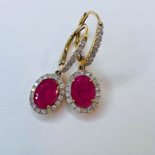 Load image into Gallery viewer, 14k Yellow Gold 2 CTTW Natural Ruby & Halo Diamond Lever Back Dangle Earrings