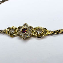 Load image into Gallery viewer, 14k Yellow Gold Ruby Tennis Bracelet 6"L Flower Bracelet Bismark Link Chain 3.1g White Topaz Stones Anniversary Gift for Wife July Birthday