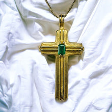 Load image into Gallery viewer, 14k Yellow Gold Emerald Cross Necklace 27" Vintage BRAM Natural Emerald Retro 6g