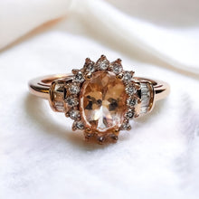 Load image into Gallery viewer, 10k Rose Gold Morganite & Halo Diamond Ring Sz 8.25 Baguette Engagement Ring 2g
