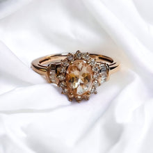 Load image into Gallery viewer, 10k Rose Gold Morganite & Halo Diamond Ring Sz 8.25 Baguette Engagement Ring 2g