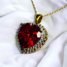 Load image into Gallery viewer, 10k Yellow Gold Ruby & Diamond Necklace 18" LARGE 12mm Heart Cut Red Ruby 6.2Cttw Halo Diamond Pendant 3.4g Ruby Necklace