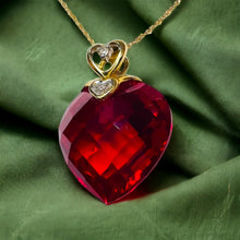 Load image into Gallery viewer, 10k Yellow Gold Ruby Diamond Necklace 18"Heart Briolette Red Ruby BIG 19mm 6.6g