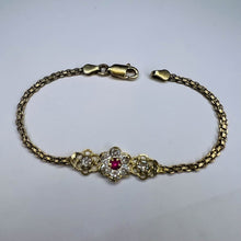 Load image into Gallery viewer, 14k Yellow Gold Ruby Tennis Bracelet 6"L Flower Bracelet Bismark Link Chain 3.1g White Topaz Stones Anniversary Gift for Wife July Birthday