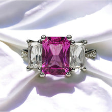 Load image into Gallery viewer, 10k White Gold Pink Sapphire Diamond Ring Sz 7 Emerald Cut Three Stone 1.9g