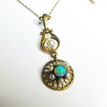Load image into Gallery viewer, Antique Art Nouveau 10k Yellow Gold Opal Seed Pearl Necklace Lavalier Victorian