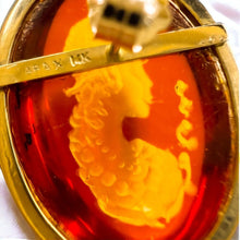 Load image into Gallery viewer, Antique 14k Gold Amber Cameo Earrings 30 CTTW Vintage Carved Oval Cabochons 7.7g