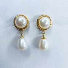 Load image into Gallery viewer, Authentic Solid 14k Yellow Gold Button Pearl & Drop Pearl Dangle Earrings 3.2g