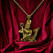 Load image into Gallery viewer, 14k Gold Poseidon Necklace 18" Aquarius Zodiac Charm Pendant Vintage Mermaid 5.1