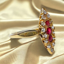 Load image into Gallery viewer, Antique 10k Gold Ruby Diamond Navette Ring Size 7 Rose Cut Gems Victorian 2.4g