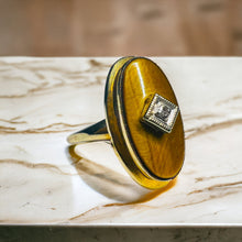 Load image into Gallery viewer, Antique REAL GOLD 10k Yellow Gold Tigers Eye & Old Mine Cut Diamond Ring size 5