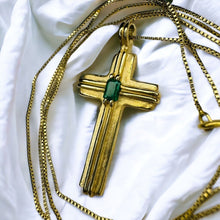 Load image into Gallery viewer, 14k Yellow Gold Emerald Cross Necklace 27" Vintage BRAM Natural Emerald Retro 6g