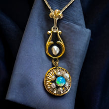 Load image into Gallery viewer, Antique Art Nouveau 10k Yellow Gold Opal Seed Pearl Necklace Lavalier Victorian