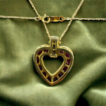 Load image into Gallery viewer, 14k Gold Ruby Necklace 18" Ruby Diamond Heart Necklace Channel Set Baguette 4.5g