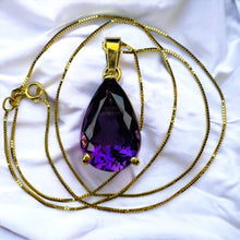 Load image into Gallery viewer, 14k Gold Amethyst Necklace 18" Large 9 CT Pear Cut Purple Amethyst Pendant 5.7g
