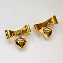 Load image into Gallery viewer, Vintage 14k Yellow Gold Bow and Heart Drop Earrings Solid 585 Gold 19mm 3.1g Christmas Ribbon Anniversary Gift for Wife