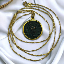 Load image into Gallery viewer, 22k Gold Ancient Roman Coin Necklace 24" Alexandria Egypt Maximianus Tetradrachm Billon Coin 291-292 AD Egyptian Necklace Emperor Caesar Maximianus Gladiator Pendant