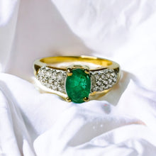 Load image into Gallery viewer, 10k Gold Natural Emerald & Diamond Ring Sz 7.75 Oval Cut Emerald Pave Diamonds