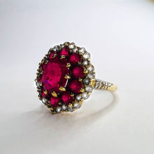 Load image into Gallery viewer, 10k Yellow Gold 2cttw Ruby Cluster Ring Size 7 Flower Ring 8mm Ruby 3.5g July Birthstone White Sapphire Ring Anniversary Gift for Wife