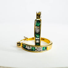 Load image into Gallery viewer, SOLID 10k YELLOW GOLD 1/3cttw 15mm NATURAL DIAMOND & EMERALD Hoop Earrings 2.2g
