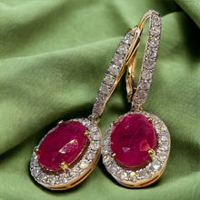 Load image into Gallery viewer, 14k Yellow Gold 2 CTTW Natural Ruby & Halo Diamond Lever Back Dangle Earrings